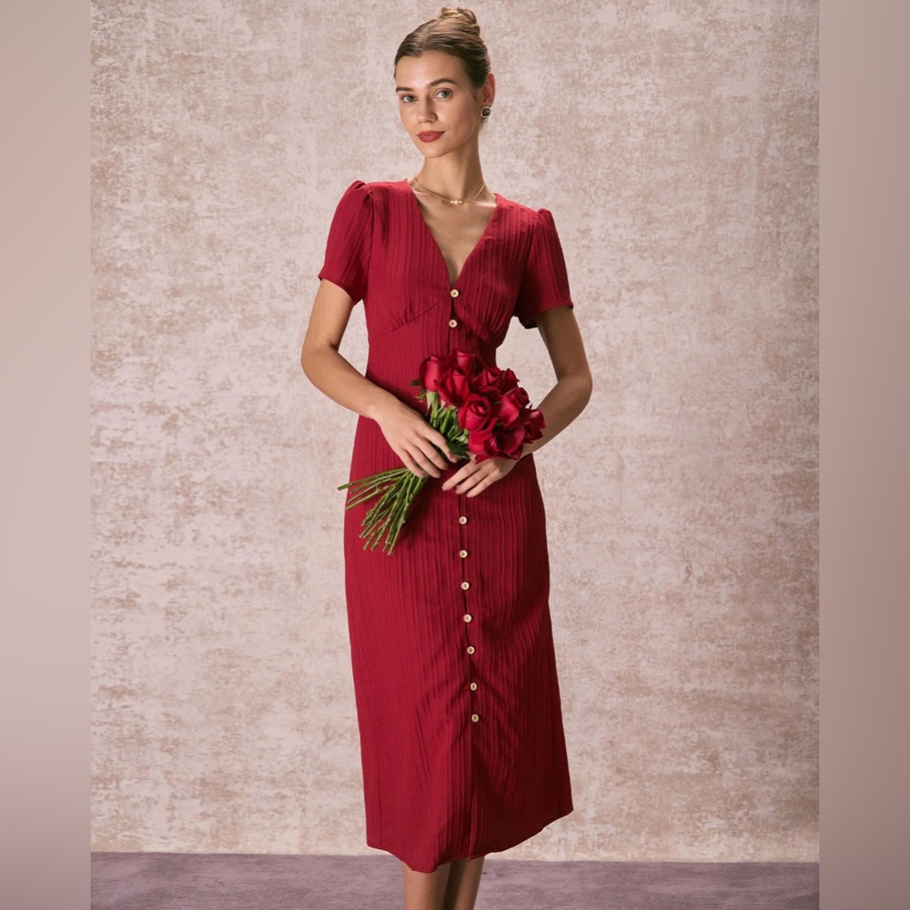 NWT RIHOAS The Red V Neck Shirred Puff Sleeve Midi Dress Sz M - Picture 7 of 10